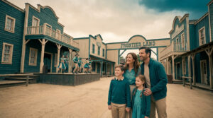 Une famille souriante dans un parc d'attractions sur le thème du Far West, avec des danseurs sur scène en arrière-plan.