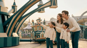 Une famille souriante pointe du doigt une attraction dans un parc à thème sous un ciel ensoleillé.
