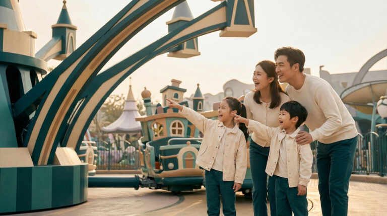 Une famille souriante pointe du doigt une attraction dans un parc à thème sous un ciel ensoleillé.