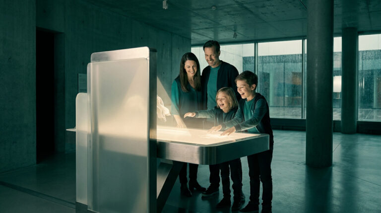 Famille s'amusant devant une table interactive lumineuse dans un musée moderne un jour de pluie.