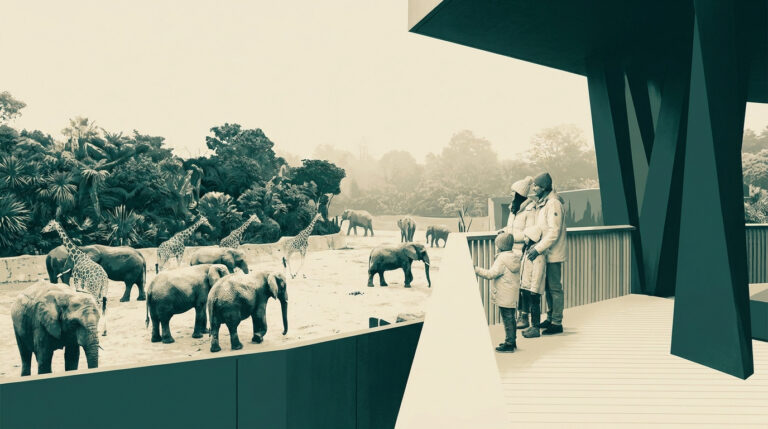 Famille observant des éléphants et des girafes depuis une plateforme d'observation moderne dans un zoo.
