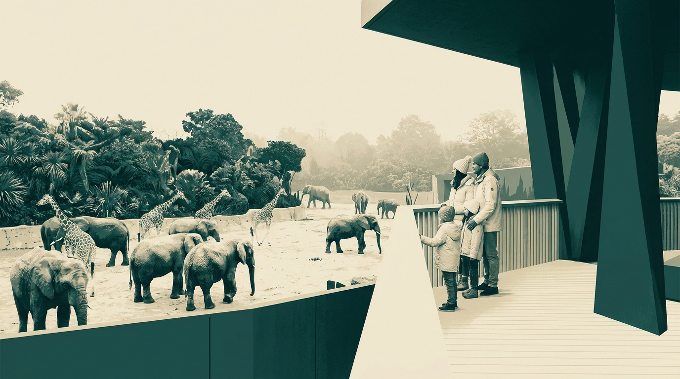 Famille observant des éléphants et des girafes depuis une plateforme d'observation moderne dans un zoo.