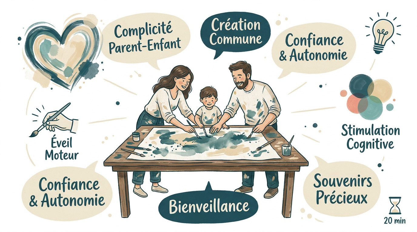 Une famille partageant un moment de peinture créative pour renforcer la complicité et l'éveil des enfants