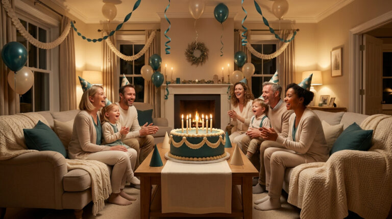 Famille joyeuse célébrant un anniversaire autour d'un gâteau dans un salon décoré de ballons et guirlandes.