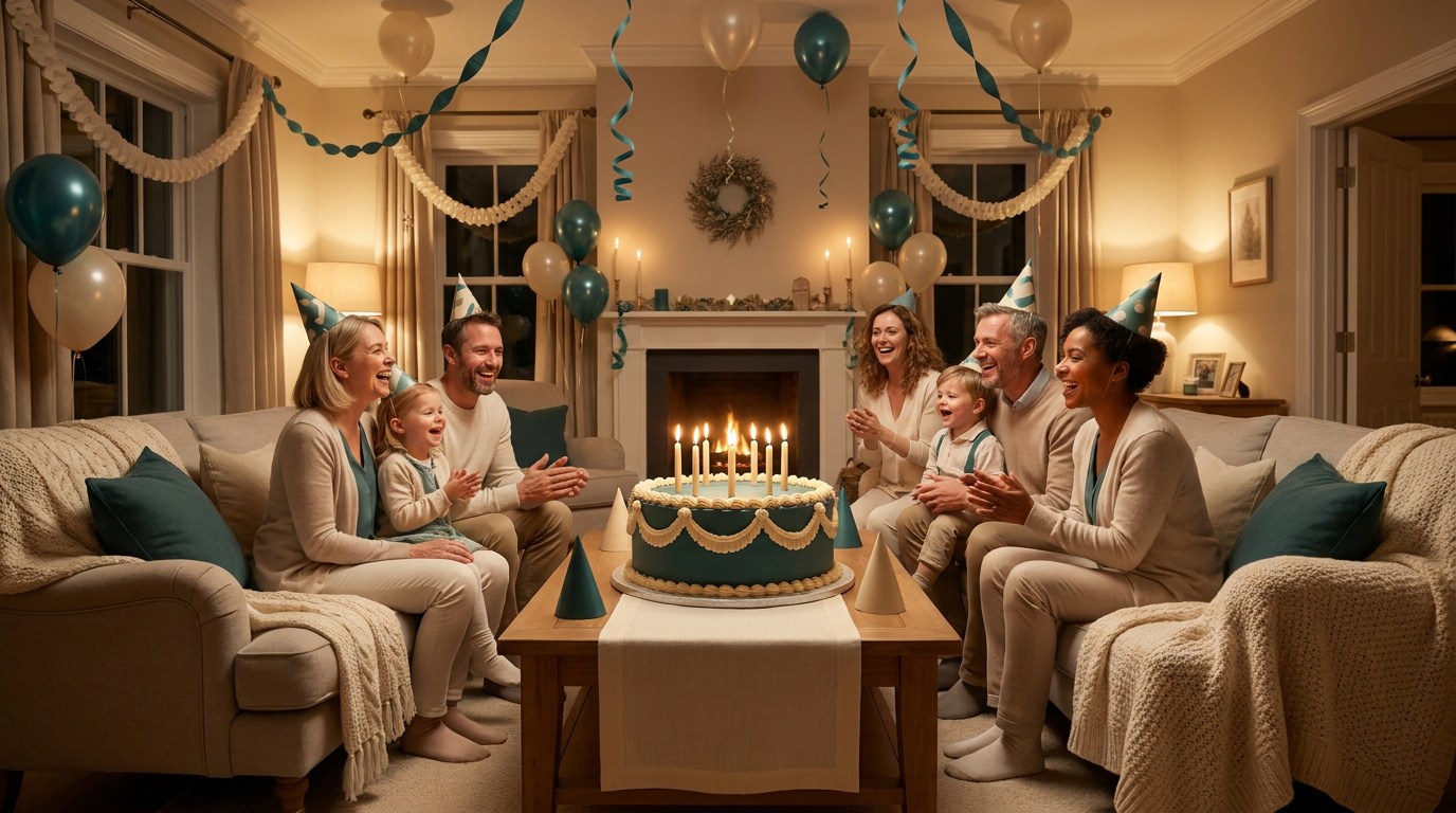 Famille joyeuse célébrant un anniversaire autour d'un gâteau dans un salon décoré de ballons et guirlandes.