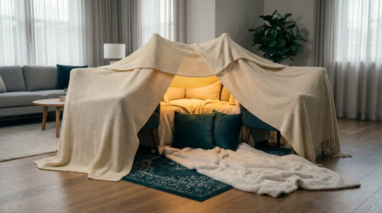Une cabane faite de couvertures beiges drapées sur des fauteuils dans un salon chaleureux avec des coussins et une lumière.