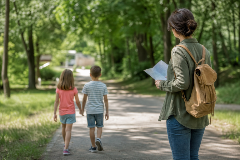 Photo réaliste illustrant fratrie sortie familiale disputes dans l’univers JumpLand — famille pratique