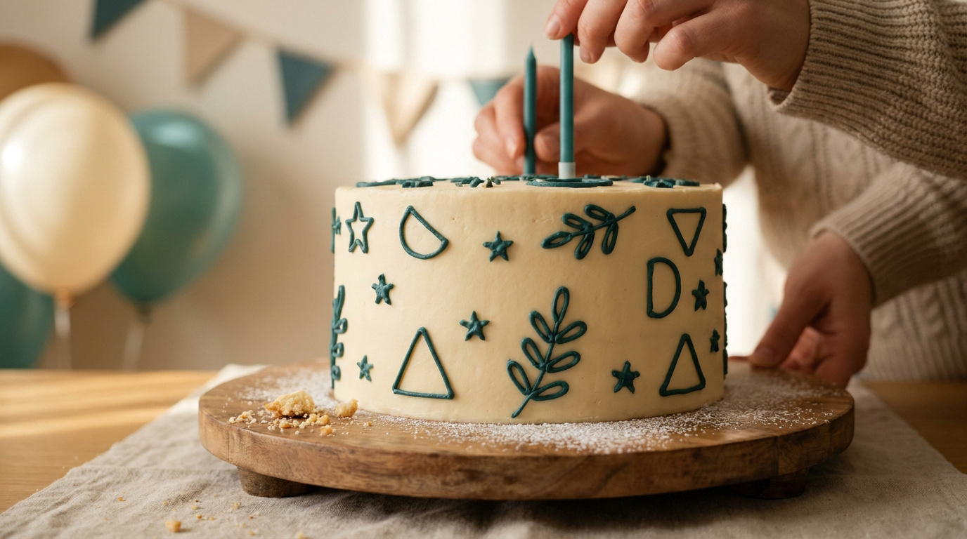 Mains plaçant une bougie sur un gâteau d'anniversaire blanc décoré de motifs géométriques et végétaux en glaçage vert.