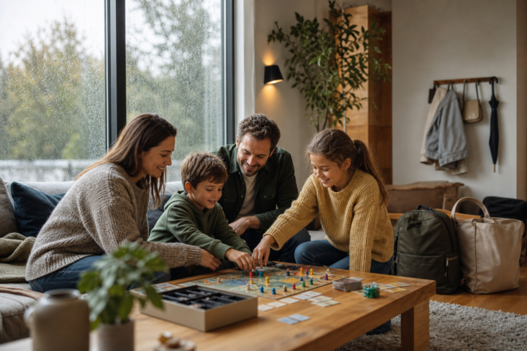 Famille préparant une activité pendant une journée de pluie