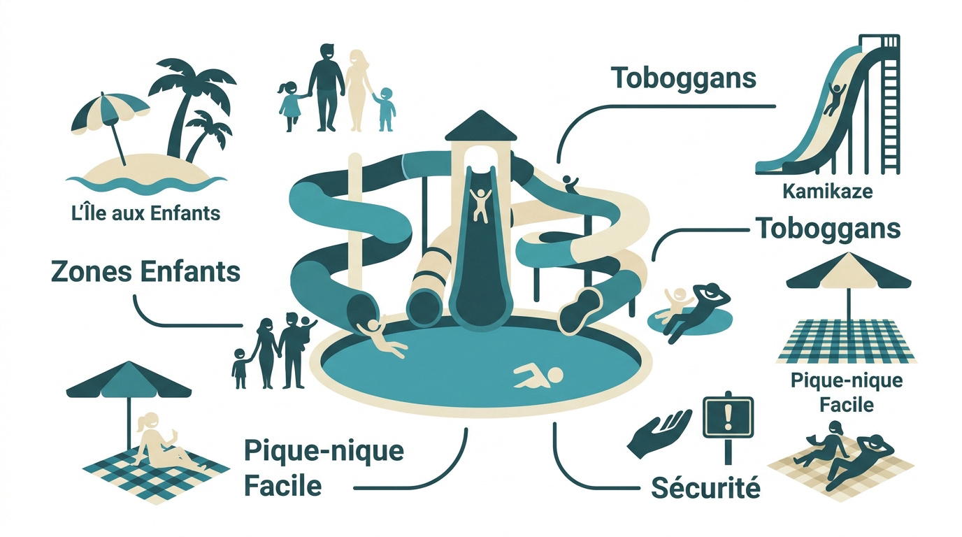 Infographie des zones et activités du parc aquatique Speedwater Park
