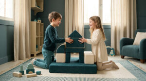 Un jeune garçon et une fille souriants construisent un château avec de grands blocs en mousse dans une chambre.