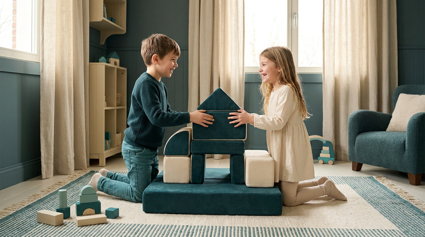 Un jeune garçon et une fille souriants construisent un château avec de grands blocs en mousse dans une chambre.