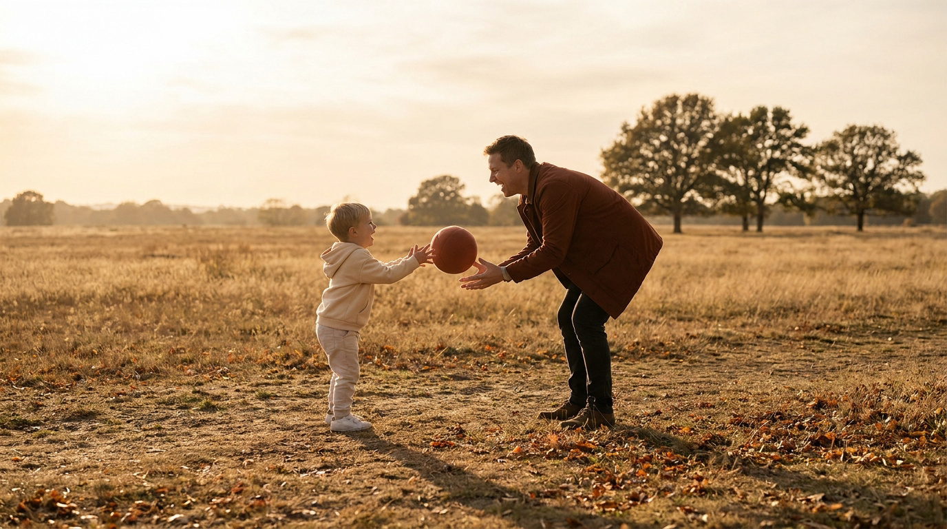 Un père et son jeune fils jouent joyeusement au ballon dans un champ en automne sous une lumière dorée.