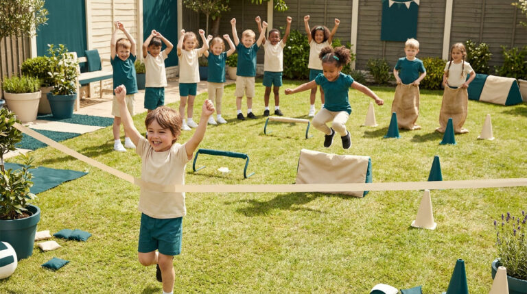 Un jeune garçon franchit joyeusement la ligne d'arrivée d'une course, suivi par d'autres enfants jouant dans un jardin.