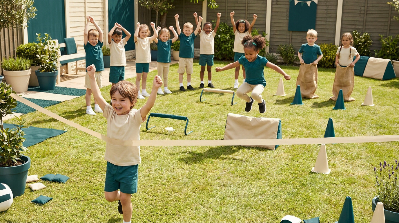 Un jeune garçon franchit joyeusement la ligne d'arrivée d'une course, suivi par d'autres enfants jouant dans un jardin.