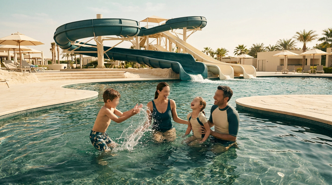 Famille joyeuse s'amusant dans la piscine d'un parc aquatique avec des toboggans en arrière-plan.