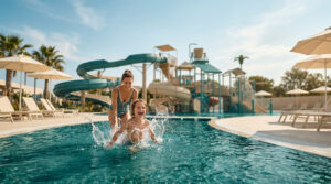Une mère et son jeune fils jouent joyeusement dans la piscine d'un parc aquatique avec des toboggans en arrière-plan.