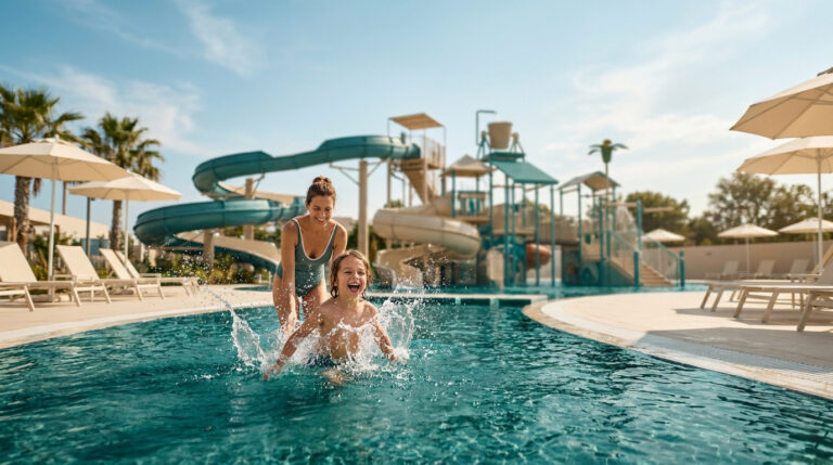 Une mère et son jeune fils jouent joyeusement dans la piscine d'un parc aquatique avec des toboggans en arrière-plan.
