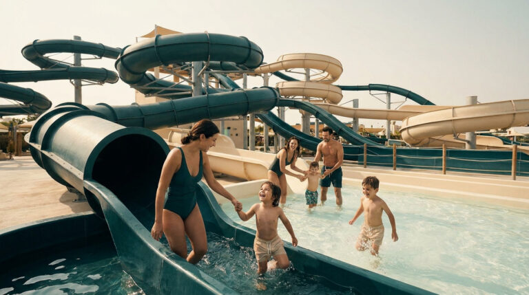 Famille profitant des toboggans aquatiques en extérieur au parc O’Gliss en Vendée.