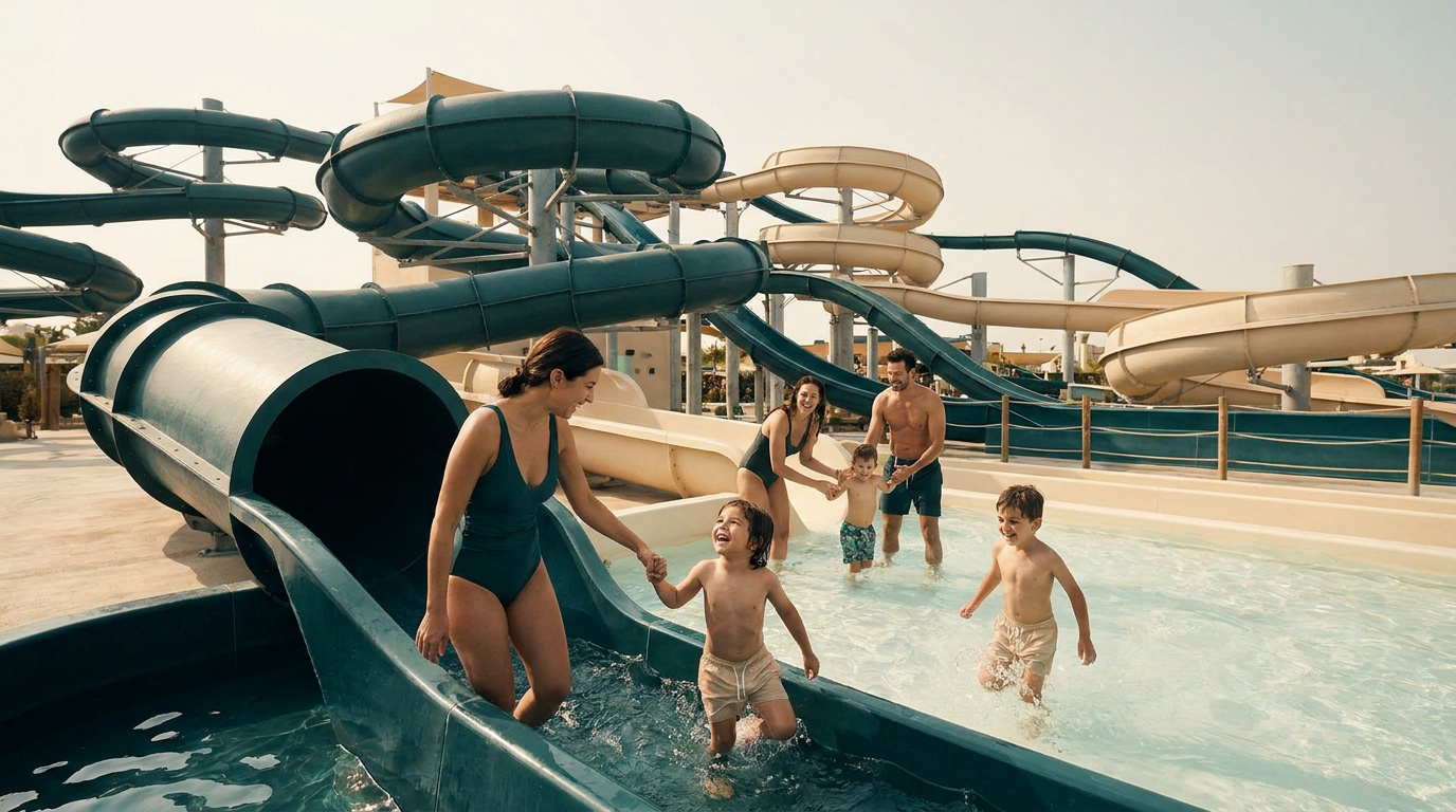 Famille profitant des toboggans aquatiques en extérieur au parc O’Gliss en Vendée.