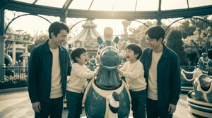 Deux pères et deux jeunes enfants souriants devant un cheval de carrousel dans un parc d'attractions.