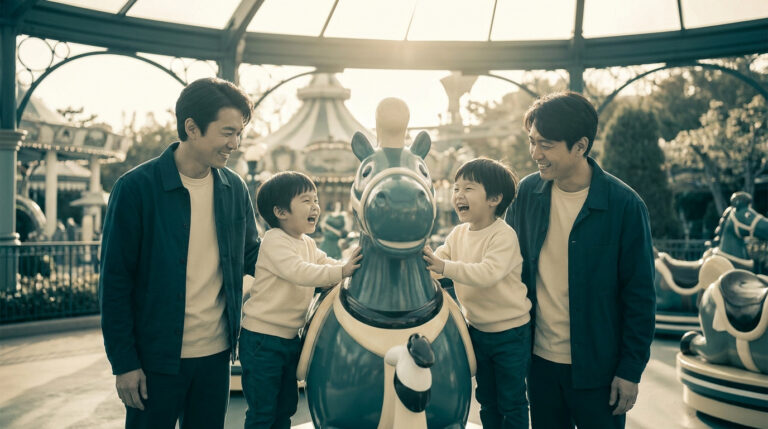 Deux pères et deux jeunes enfants souriants devant un cheval de carrousel dans un parc d'attractions.