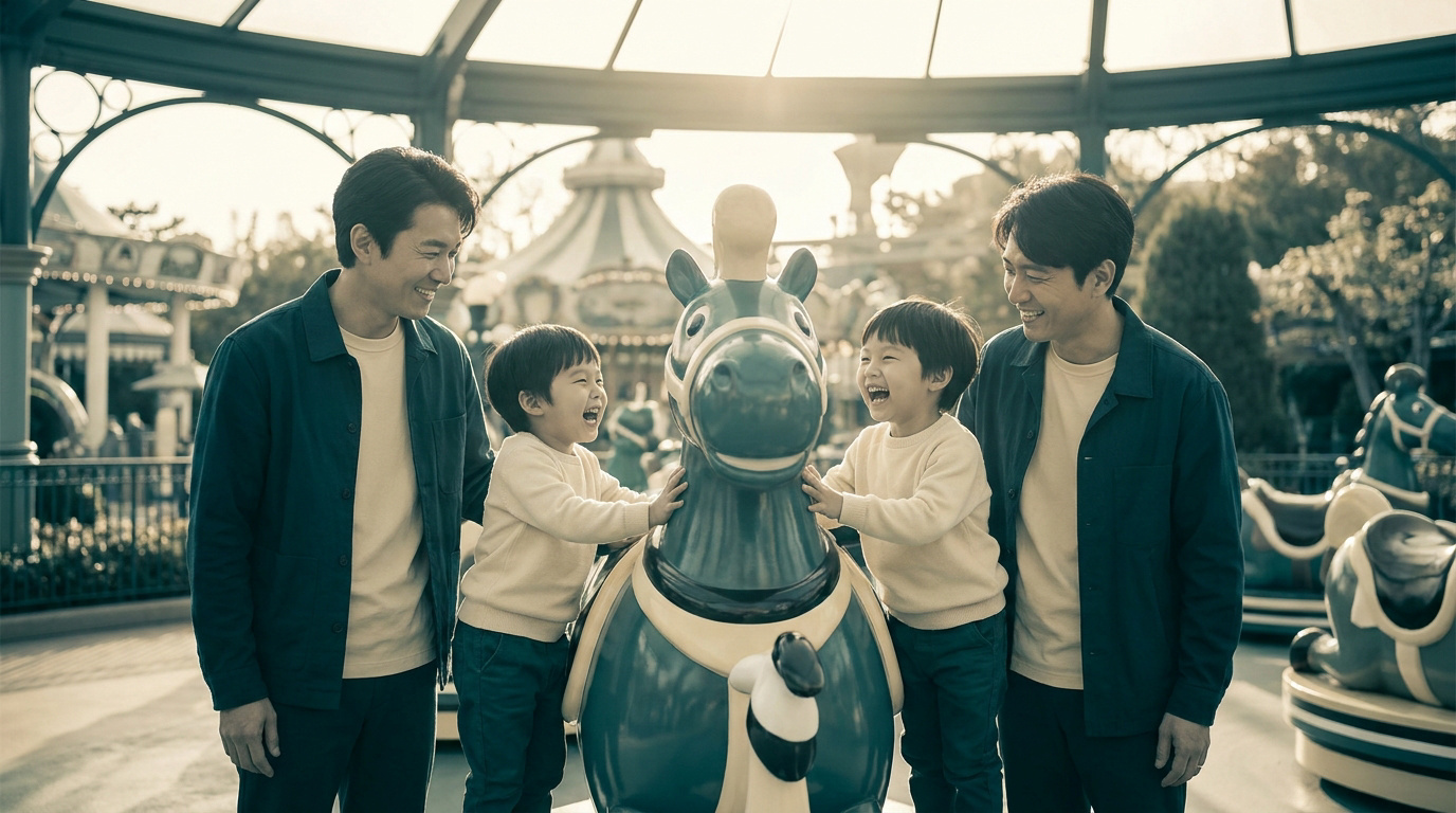 Deux pères et deux jeunes enfants souriants devant un cheval de carrousel dans un parc d'attractions.