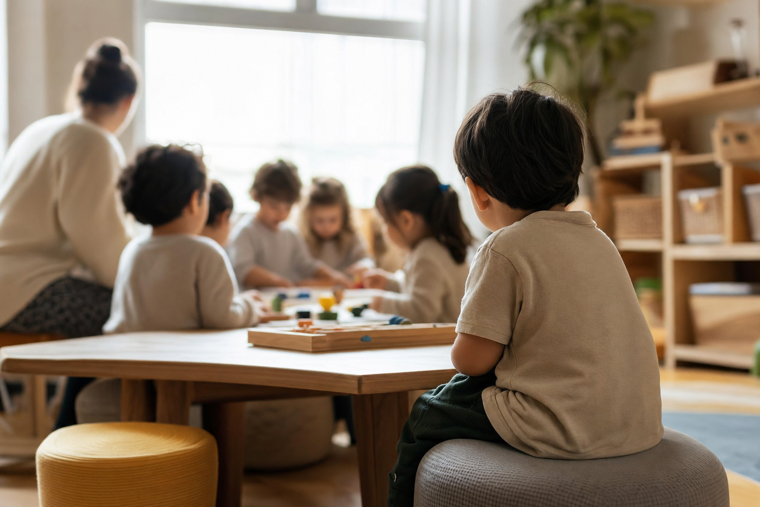 Enfant observant calmement une activité de groupe bienveillante