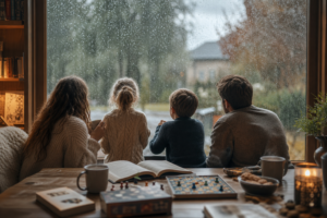 Famille avec enfants regardant la pluie depuis un intérieur chaleureux