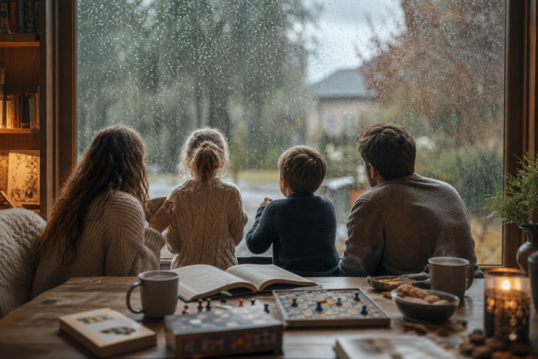 Famille avec enfants regardant la pluie depuis un intérieur chaleureux