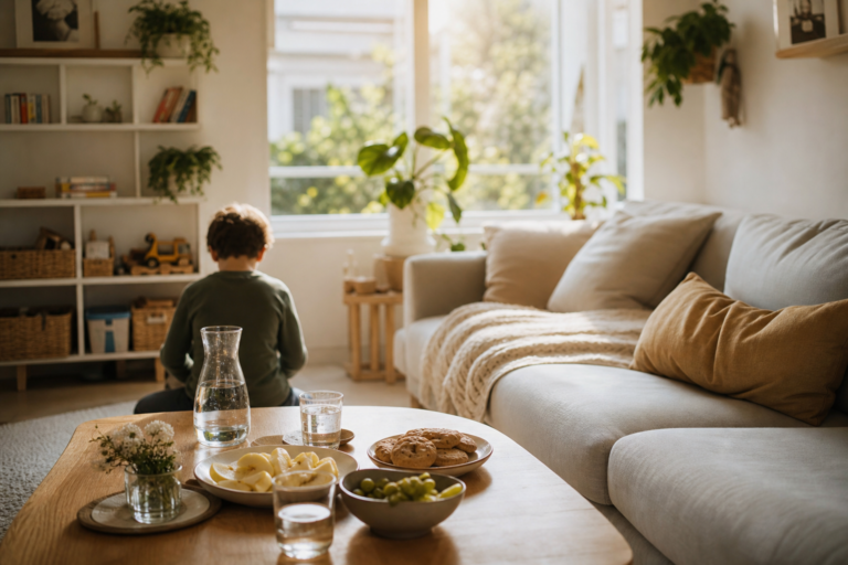 Salon familial apaisé pour un retour au calme après une sortie