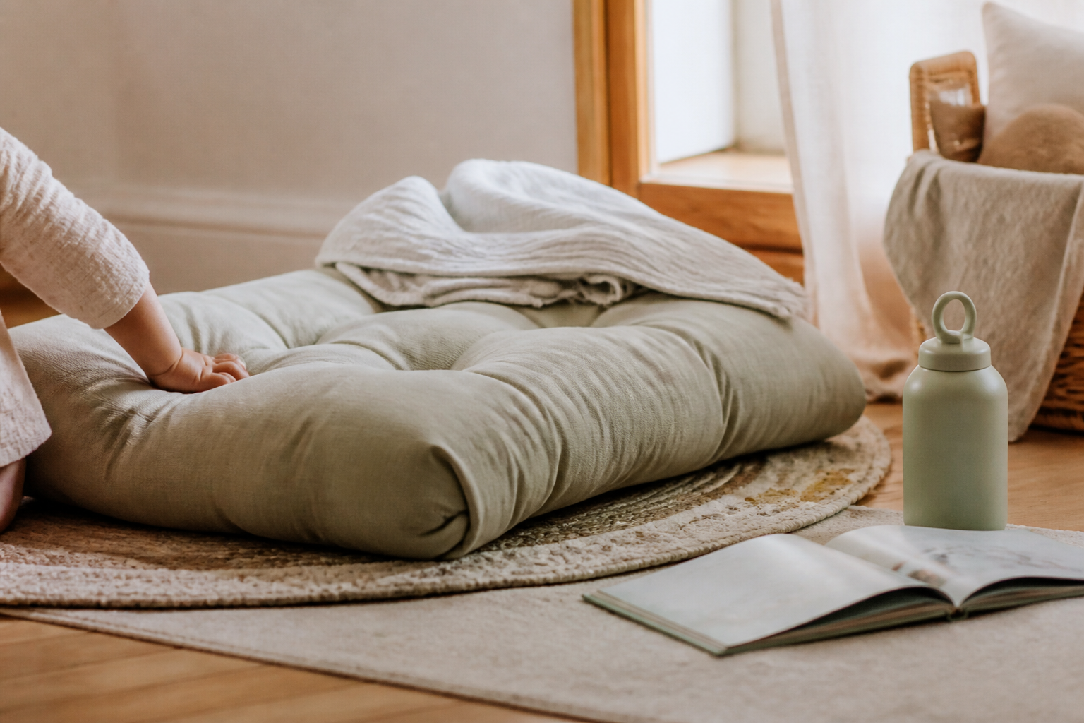 Coin calme pour enfant avec coussin et livre après une sortie