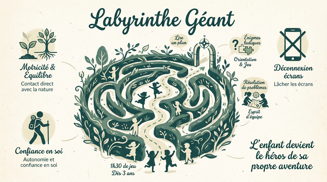 Enfants s'amusant dans les allées d'un labyrinthe géant végétal