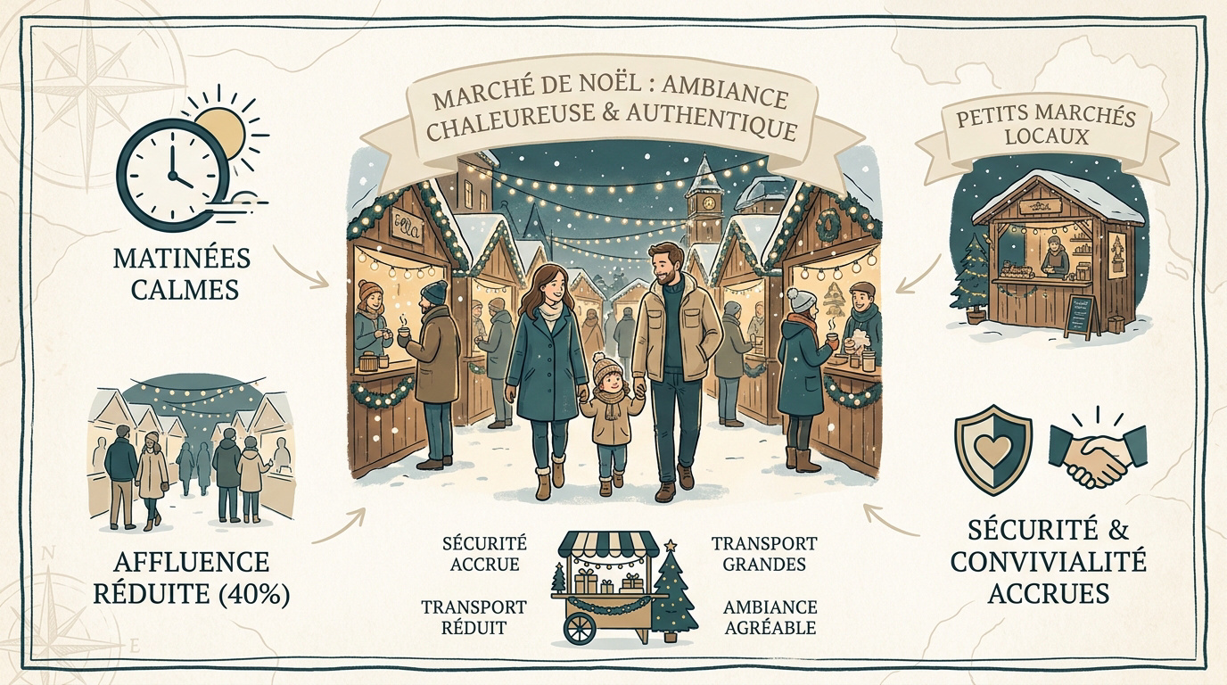 Ambiance chaleureuse et étals illuminés dans un marché de Noël traditionnel