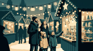Une famille souriante admire les décorations d'un chalet de marché de Noël illuminé sous des guirlandes festives.