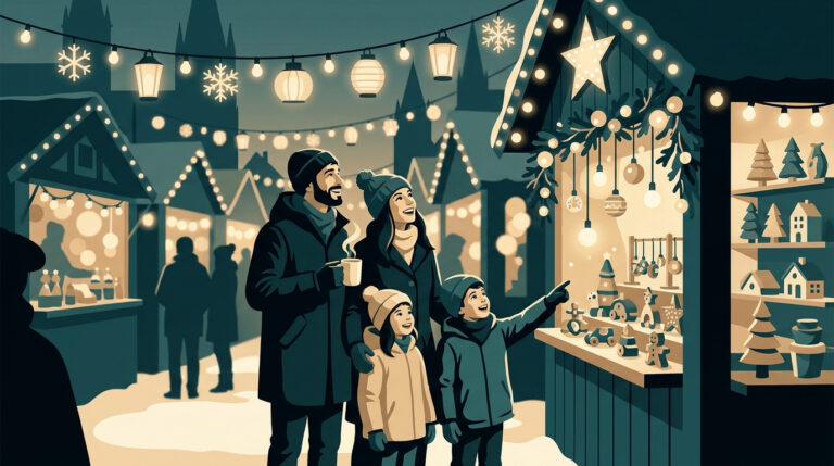 Une famille souriante admire les décorations d'un chalet de marché de Noël illuminé sous des guirlandes festives.