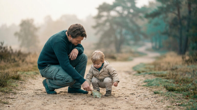 Un père et son jeune enfant accroupis sur un chemin forestier, observant une feuille d'automne ensemble.