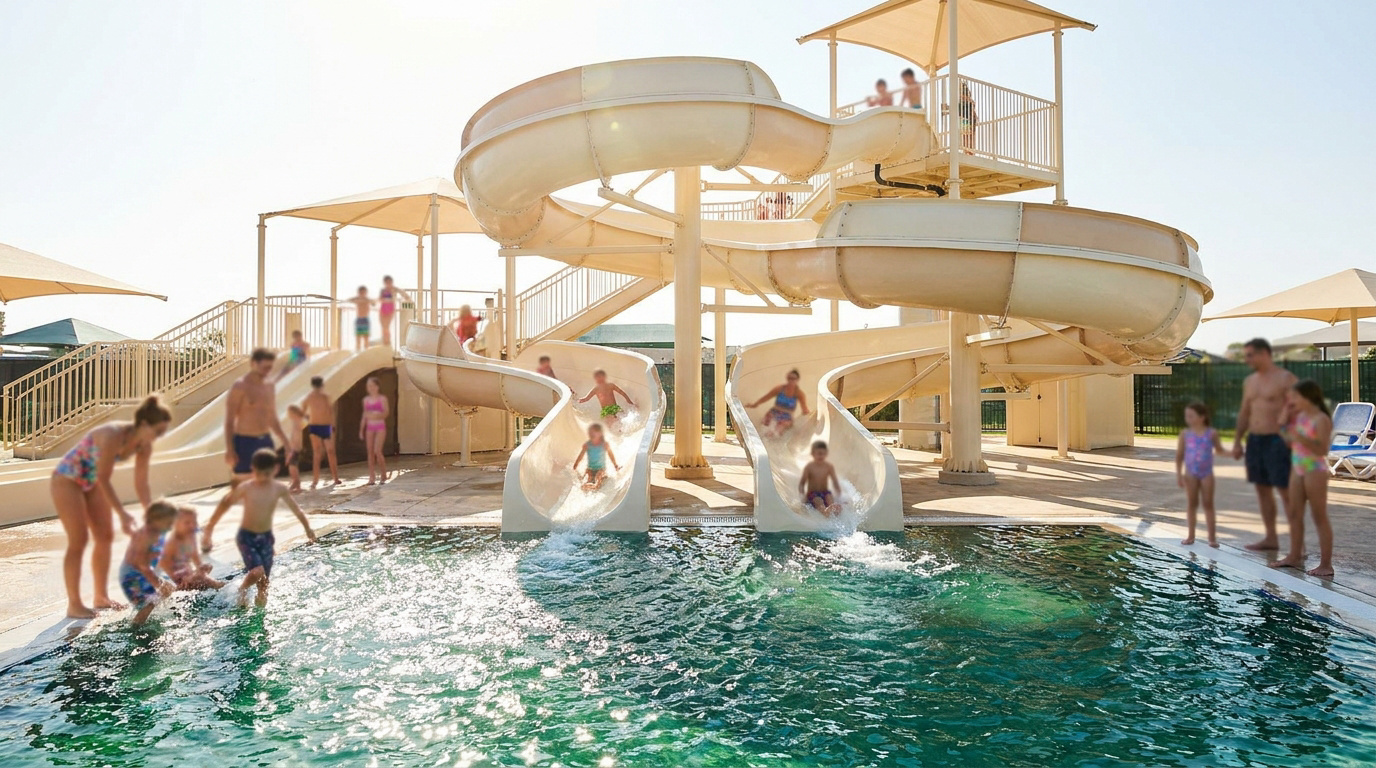 Famille s'amusant dans une piscine avec des toboggans aquatiques à Atlantic Toboggan sous un soleil radieux.