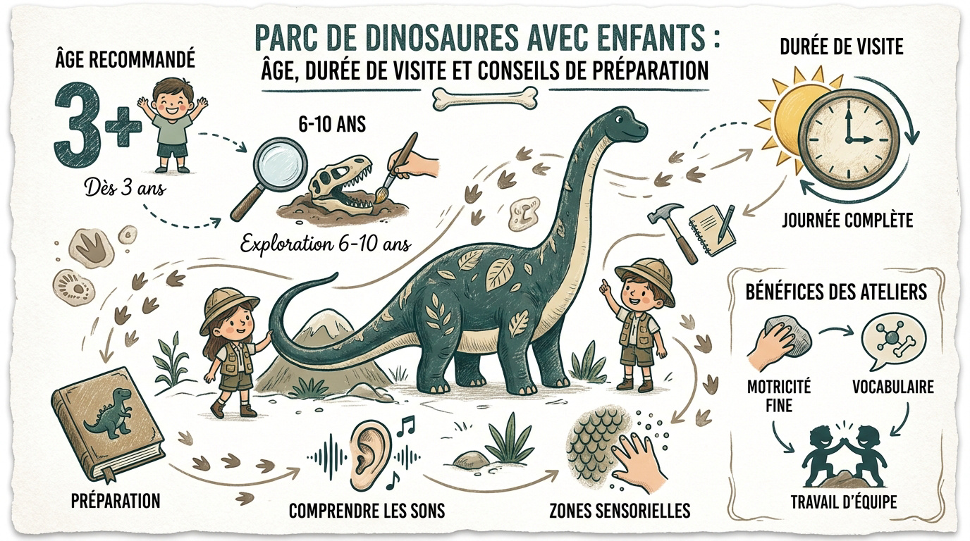 Enfants observant une réplique de dinosaure grandeur nature dans un parc thématique