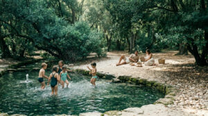 Enfants jouant dans l'eau d'un bassin naturel tandis que leurs parents se reposent sur un tapis de pique-nique ombragé.