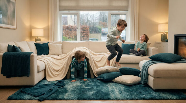 Trois enfants rient et jouent joyeusement dans un salon confortable, en construisant une cabane avec des couvertures et coussins.