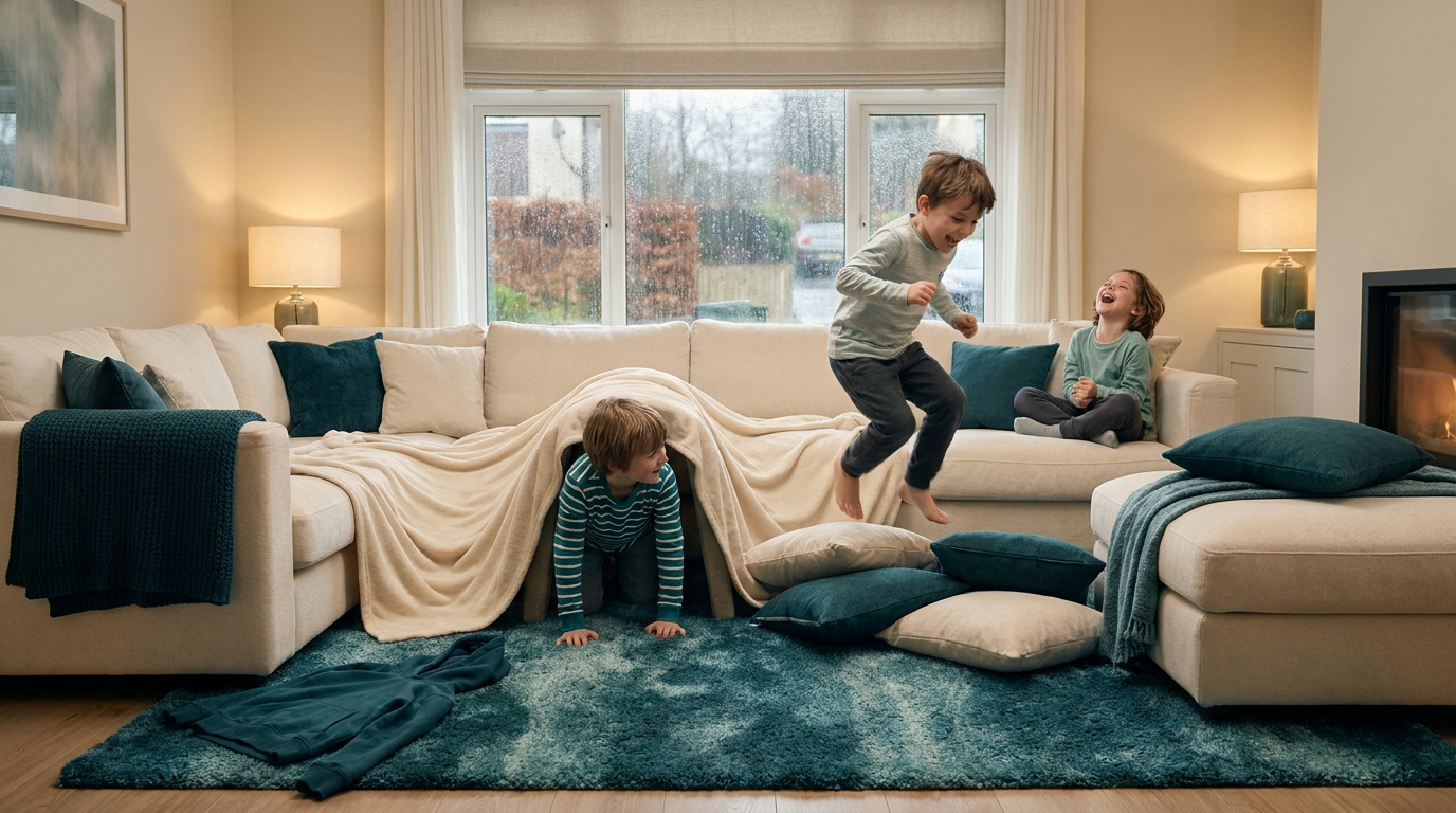 Trois enfants rient et jouent joyeusement dans un salon confortable, en construisant une cabane avec des couvertures et coussins.