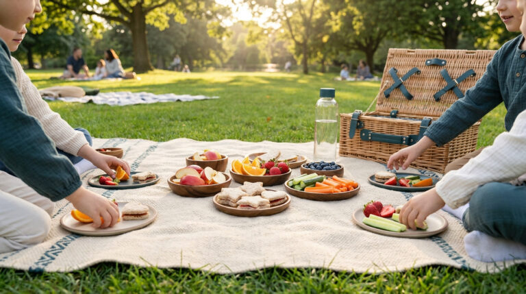 Enfants profitant d'un pique-nique sain avec fruits, légumes et sandwichs sur une couverture dans un parc ensoleillé.