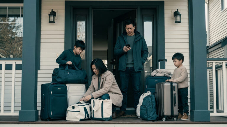 Une famille devant sa maison entourée de nombreuses valises, en plein préparatif stressant pour le départ en vacances.