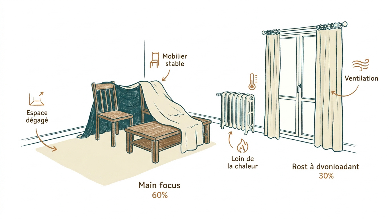 Préparation du matériel pour construire une cabane en couvertures dans un salon