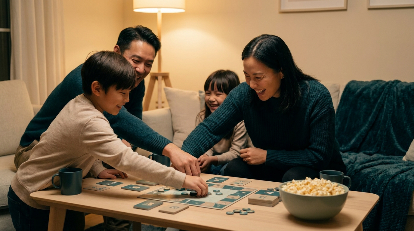 Une famille souriante joue à un jeu de plateau sur une table basse dans un salon chaleureux le soir.