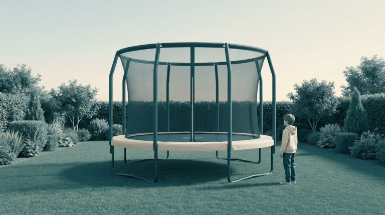 Un enfant regarde un grand trampoline sécurisé avec un filet de protection dans un jardin bien entretenu.