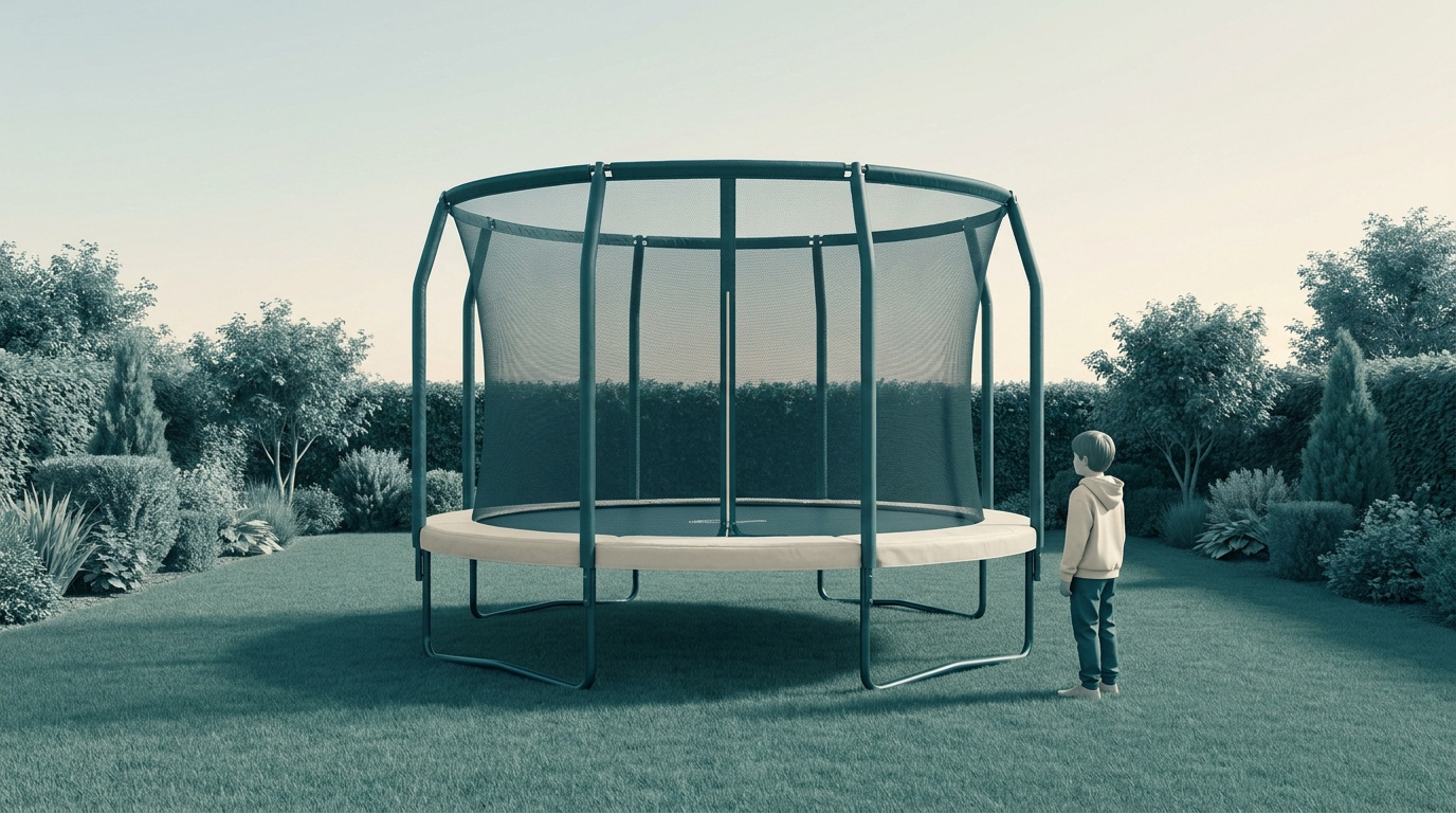 Un enfant regarde un grand trampoline sécurisé avec un filet de protection dans un jardin bien entretenu.