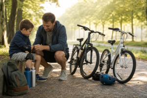 Parent et enfant préparant une sortie vélo familiale sécurisée
