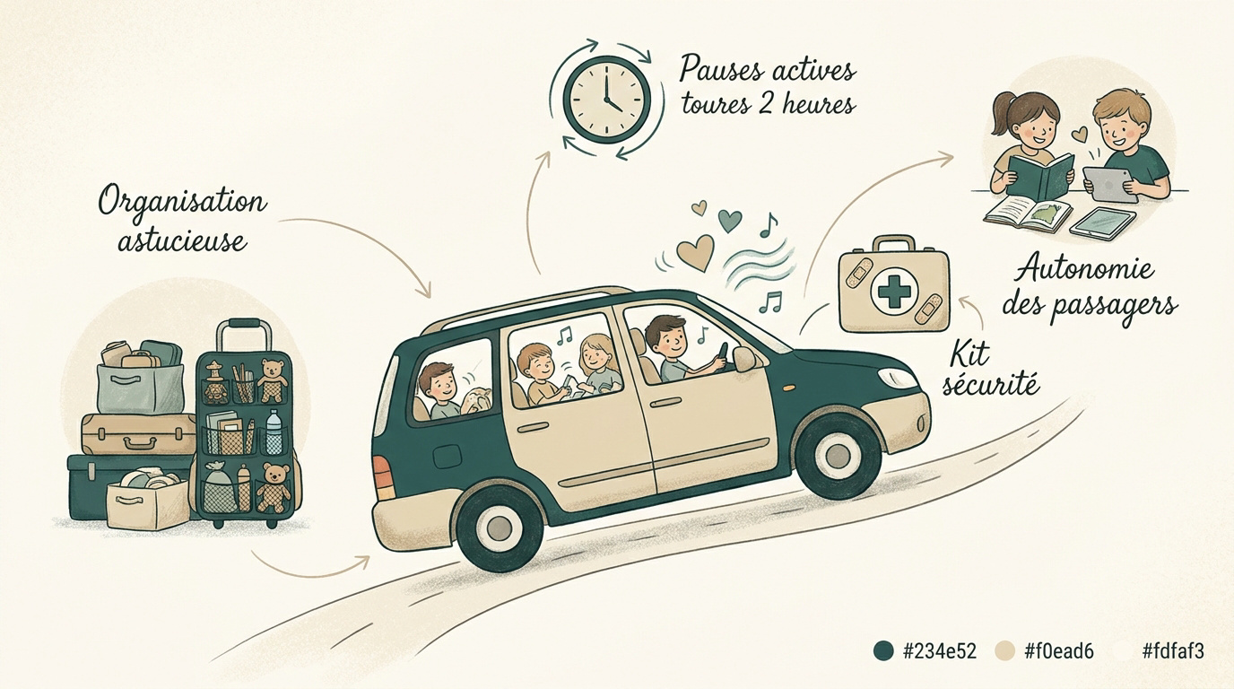 Enfants souriants à l'arrière d'une voiture organisée pour les vacances